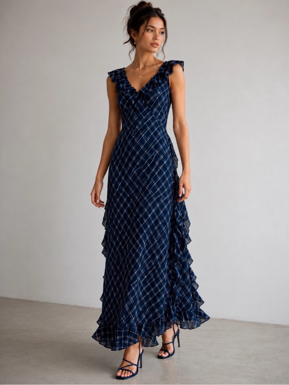 NWOT Leon Max Navy Plaid Maxi Dress - Size 8